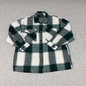 HFX Plaid Flannel Shacket Large Green White Snap Front Chest Pocket Shirt Jacket